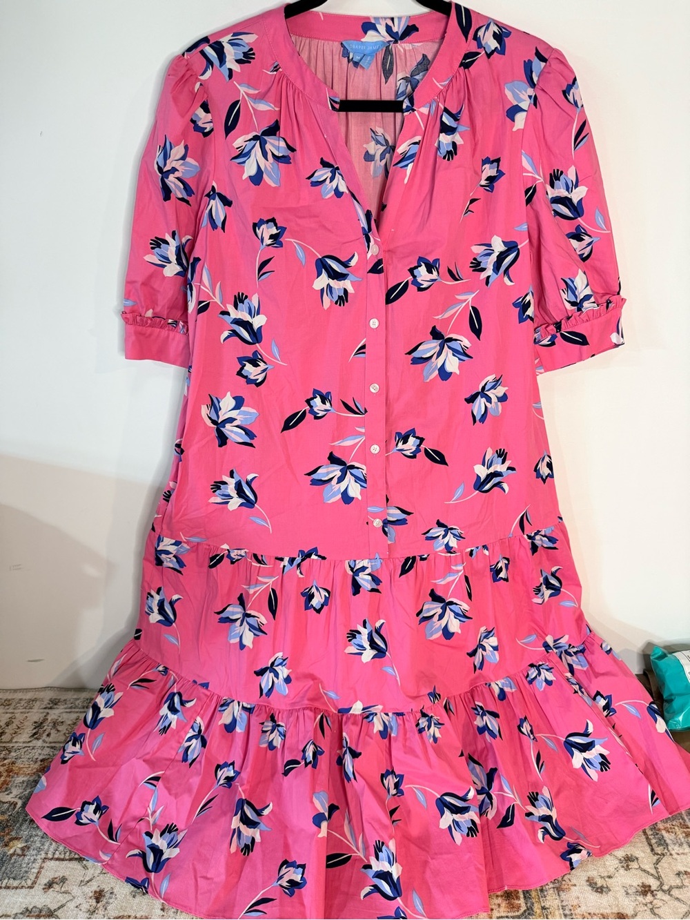 Draper James pink tiered shirt dress pink and blue floral